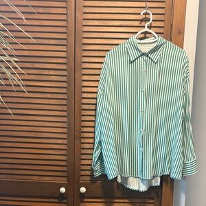 Ladies Green Striped Button Down Shirt 2xl